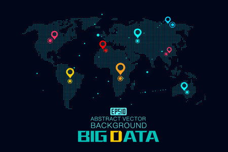 Abstract world map with pointer marks on dark background. Vector illustration.のイラスト素材