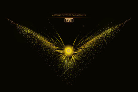 The golden particle lines are shaped like a golden butterfly spreading its wings. Abstract background with rays and particles. Vector illustration. Eps 10.のイラスト素材