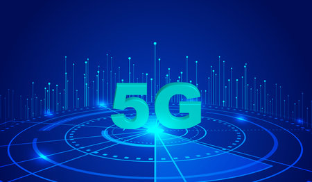 5G network connection on blue background. High speed internet concept. Vector illustrationのイラスト素材