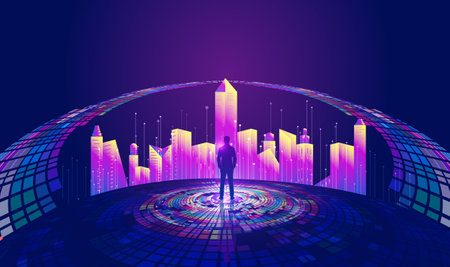 Businessman standing in front of the digital city. Vector illustration.のイラスト素材