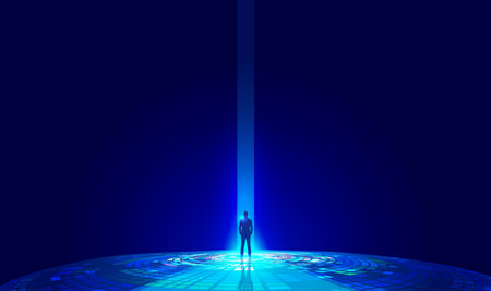 Business success and life in motion concept with man walking towards the light from a big door in the middle of a huge dark hallのイラスト素材