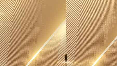 Businessman standing in the middle of a golden line background. 3D Renderingの写真素材