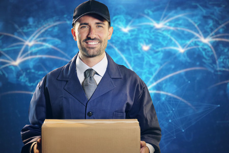 Portrait of a man looking at the camera and smiling. Concept of: fast and worldwide shipments.