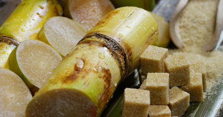 A macro shot of a composition of sugar cane, sugar cubes and sugar in the raw granules. Concept: a sweetener, nature, energy, juices and drinks.の写真素材