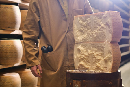 A cheesemaker controls the seasoning of the Parmesan cheese. The processing is done following the...