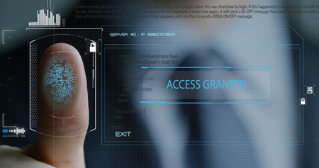businessman scan fingerprint biometric identity and approval. concept of the future of security and password control through fingerprints in an immersive technology future and cybernetic, businessの写真素材