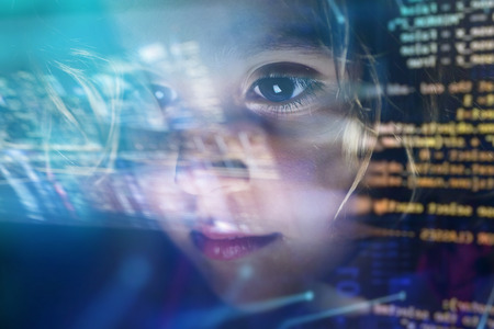 new technologies, a child uses a futuristic processor for augmented reality. high technology and...