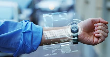 Hologram clock futuristic and technological. Concept: holiday, communication, technology, augmented reality and futureの写真素材