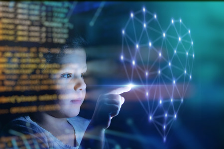 little girl touches to virtual world with multimedia connections. concept of future and...