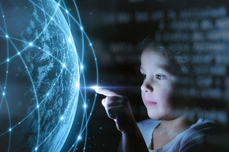 little girl touches to virtual world with multimedia connections. concept of future and...