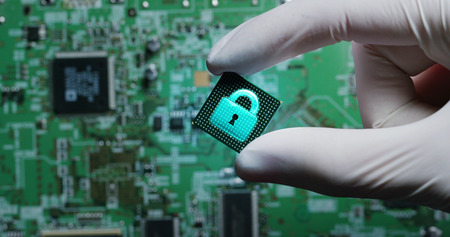 Macro shot of a chip, futuristic and modern advanced technology system. The computer is used in the...