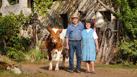 Portrait of a typical family of farmers with their cow. Concept of: tradition, love for animals, vegan.の写真素材