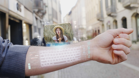 Hologram clock futuristic and technological. Concept: network, communication, family, technology, augmented reality and futureの写真素材