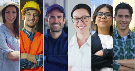 Collage professions, gardener, builder, car mechanic, doctor, business woman and farmer.の写真素材