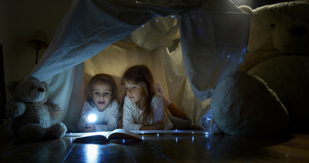 Two little girls sisters (kids) read stories in the dark under the light illuminating with a torch. Concept: Love, Family, Dreamsの写真素材
