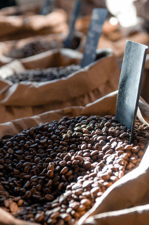 coffee beans in paper bag from coffee shopの写真素材