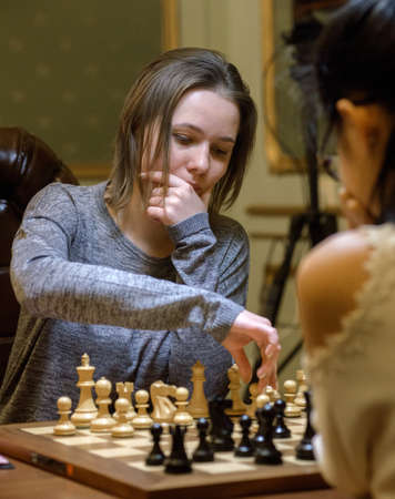 LVIV, UKRAINE - MARCH 12: Ukrainian chess player Mariya Muzychuk, 15th Womenâs World Champion, plays during the Women's World Chess Championship between Muzychuk - Yifan in Lviv, Ukraine on March 12, 2016のeditorial素材