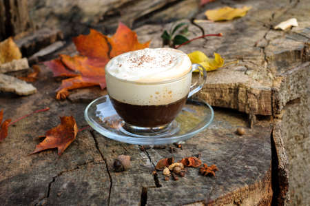 cappuccino cup on the dark wooden background