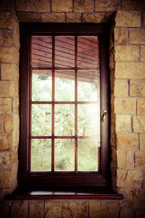closed wooden plastic vinyl window in old interior on a background green plant