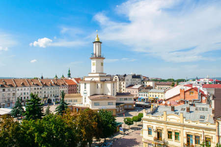 Ivano-Frankivsk, Ukraine - July 28, 2014: View of city center and city hall tower of western...