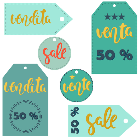Vector sticker illustration. Sale, vente, venta, vendita. Labels in different languages.のイラスト素材