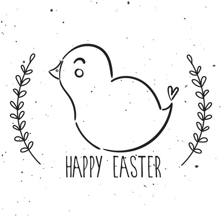 Hand drawn illustration, vector. Happy easter postcard, poster. Chick and floral.のイラスト素材