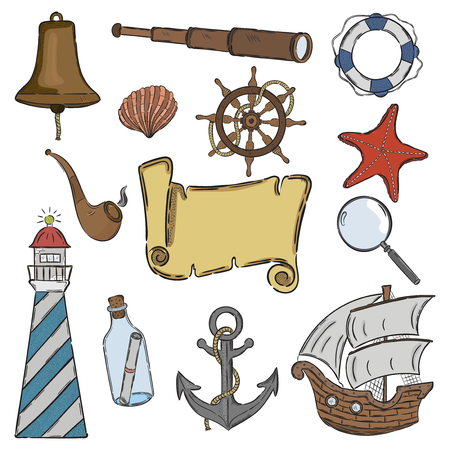 Sea set, the attributes of the ship. Vector hand drawn illustration. Color.のイラスト素材