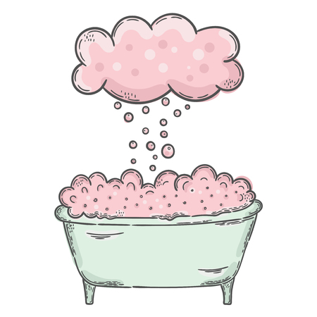 Vector hand drawn illustration. Bathroom, tub, cloud and bubbles, poster.のイラスト素材