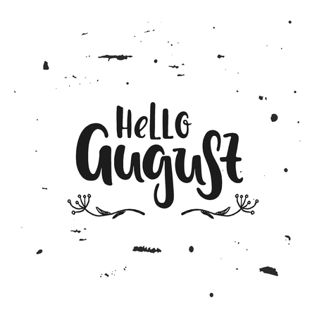Vector hand drawn illustration. Hello August. Poster, postcard. Lettering.のイラスト素材