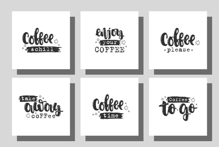 Vector hand drawn illustration. Set poster for the cafe. Lettering coffee and chill, coffee please, time, take away, to go.のイラスト素材