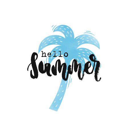 Vector hand drawn illustration. Phrases Hello summer, palm, lettering. Idea for poster, postcard.のイラスト素材