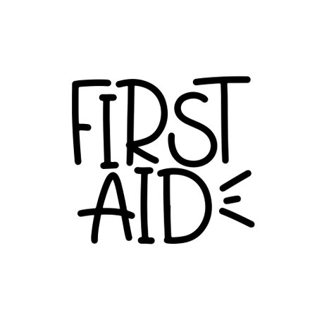 Vector hand drawn illustration. Lettering phrases First aid. Warning phrase, posterのイラスト素材