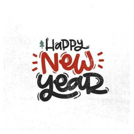 Vector handdrawn illustration. Lettering phrases Happy new year badge, calligraphy with light background for logo, banners, labels, postcards, invitations, prints, posters, web, presentation.のイラスト素材