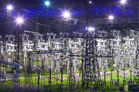 Electric substation in night-time lightingのeditorial素材