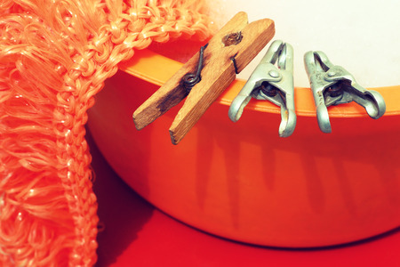 Clothespin, sponge, basin.Large Laundry.Photo toned in retro style.の写真素材