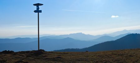 Beautiful view from sightseeing point with directional arrowsの写真素材