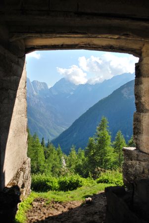 View at the high mountains from the old stone fortressの写真素材