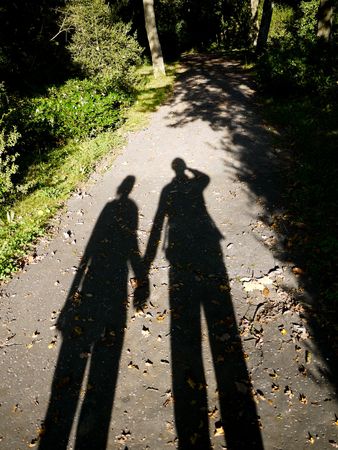 Silhouette of lovers walking in autumn natureの写真素材
