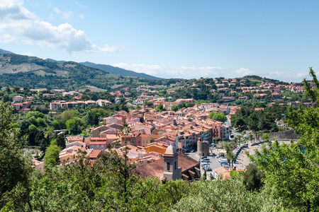 View of the town on the Mediterranean coast at the foot of the Pyrenees Mountainsの写真素材