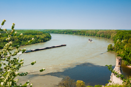 View from Devin Castle on the River Danube with cargo shipsの写真素材