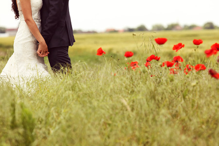 Bride and Groom posing in the fieldsの写真素材