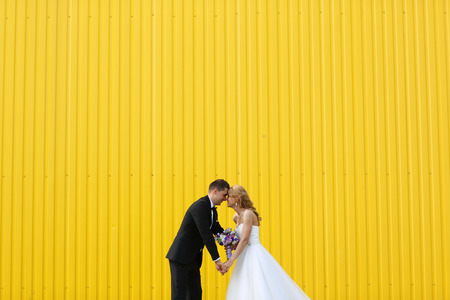 Bride and groom on a yellow backgroundの写真素材