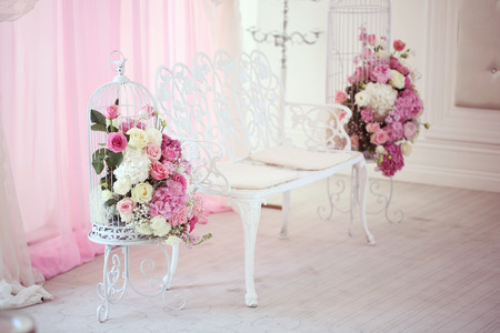 Beautiful wedding flowers in restaurantの写真素材
