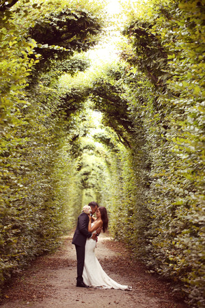Vertical photograph of a bride and groom embracing surrounded by treesの写真素材