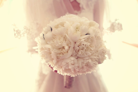 Hands of a bride holding white peonies bouquetの写真素材