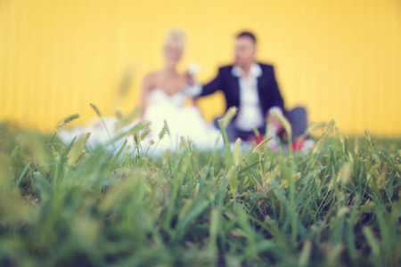 Silhouettes of a bride and groom sitting in the grassの写真素材