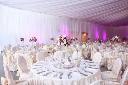Wedding table beautifully decorated with flowersの写真素材