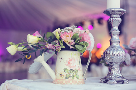 Wedding table beautifully decorated with flowersの写真素材