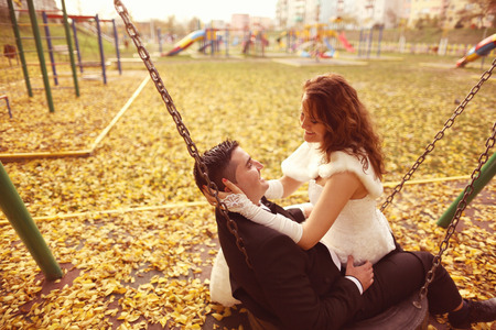 Bride and groom embracingの写真素材