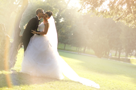Bride and Groom surrounding by natural golden sunlightの写真素材
